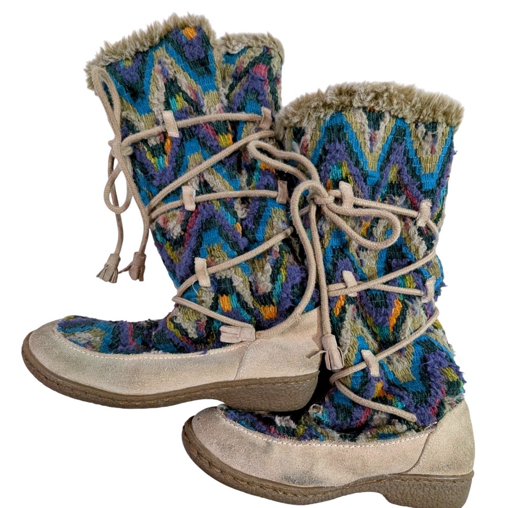 Sam Edelman Boho Geometric Pattern Faux Fur Lined‎ Lace-Up Boots Women's 6 READ